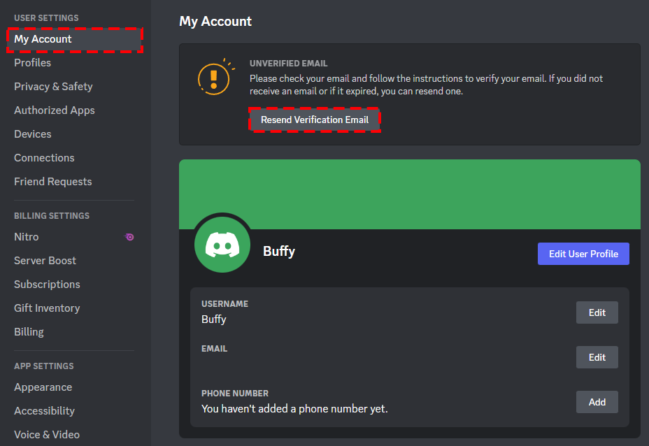 Discord email settings page